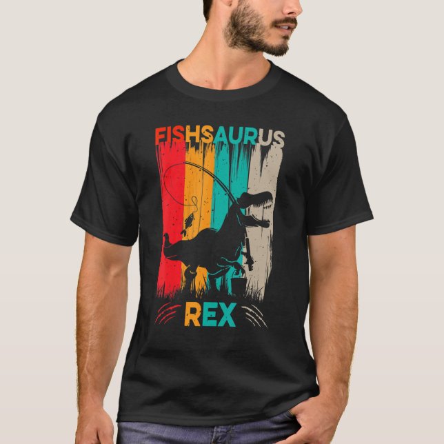 Camiseta Fishsaurus Pesca de Robalo Rex Dinossauro Para Cri (Frente)
