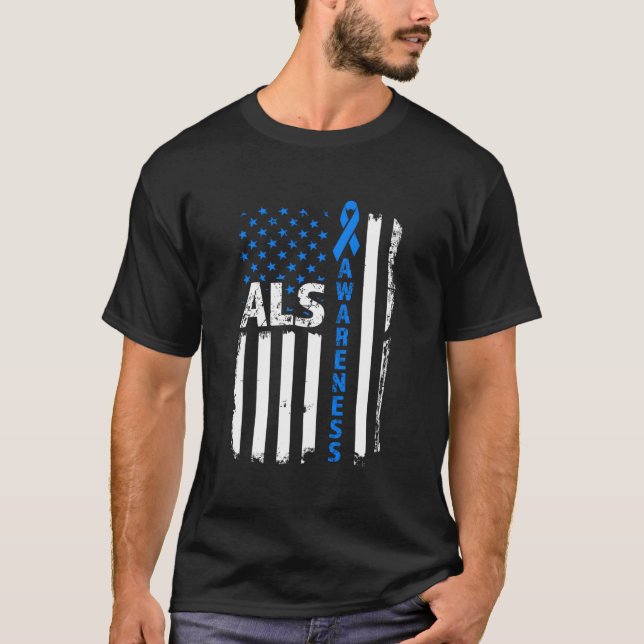 Camiseta Fita Azul de Conscientização da ELA Bandeira dos E (Frente)