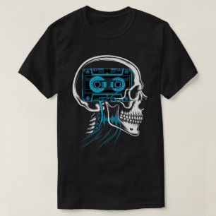 Camiseta Fita Cassete Azul Neon Crânio Arte de Onda Sonora