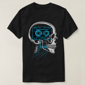Camiseta Fita Cassete Azul Neon Crânio Arte de Onda Sonora
