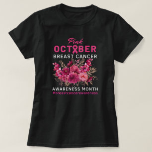 Camiseta Fita cor-de-rosa-Floral Sensibilização do Cancer d