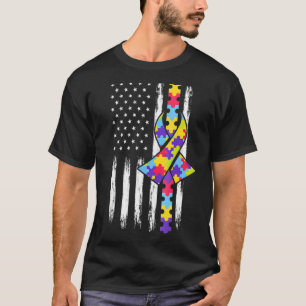 Camiseta Fita da Consciência sobre o Autismo Bandeira Ameri