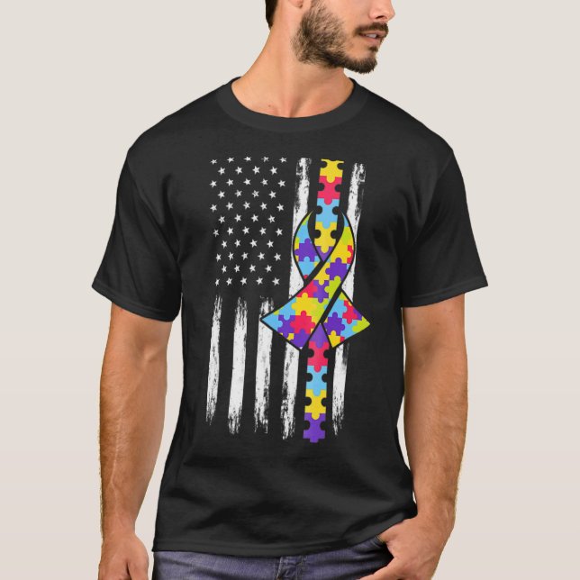 Camiseta Fita da Consciência sobre o Autismo Bandeira Ameri (Frente)