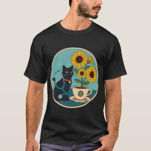 Camiseta Fita de Girassol Gato Preto Estetoscópio Xícara de