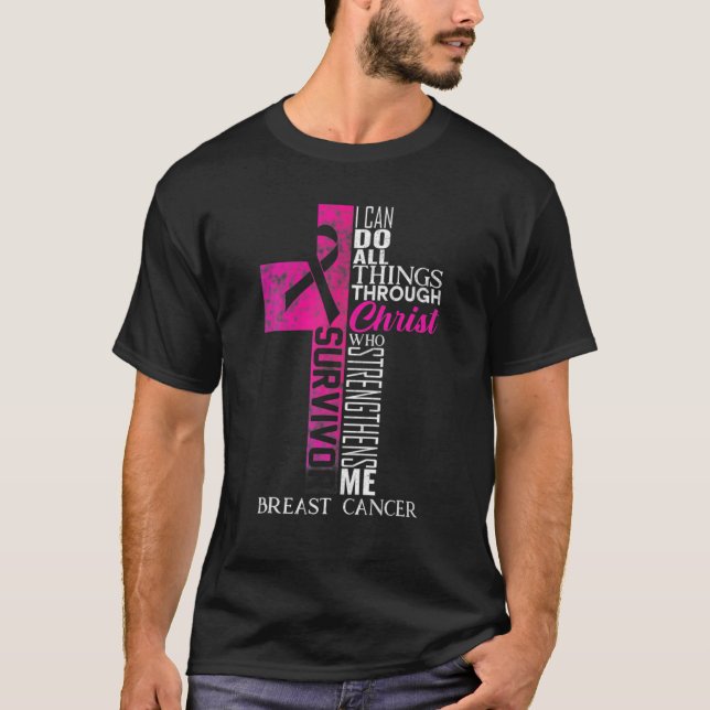 Camiseta Fita rosa Câncer da Mama Sobrevivente Cristão Cruz (Frente)