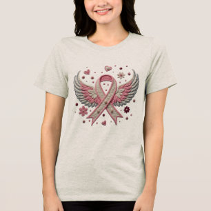 Camiseta Fita Rosa Elegante com Bordado de Asas de Anjo 