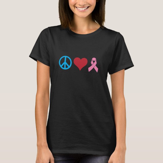 Camiseta Fita rosa-rosa com amor à paz e câncer de mama (Frente)