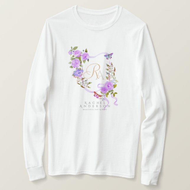 Camiseta Fita Rosa Roxa Monograma Chic Branco (Frente do Design)