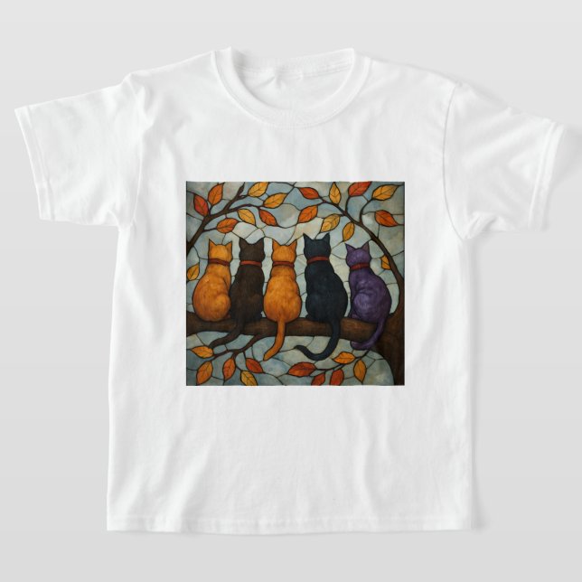 Camiseta Five Cats on a Tree Branch Stained Glass Style (Postura )