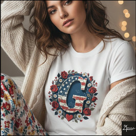 Camiseta Flag Letter G Roses Wreath Monogram