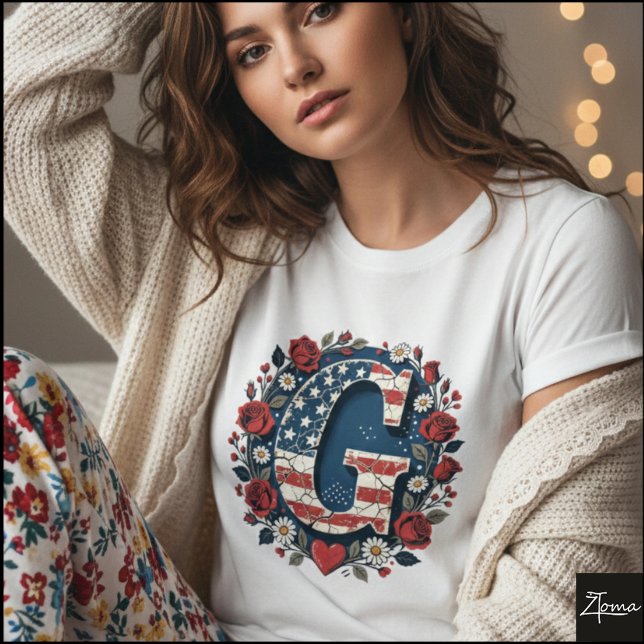 Camiseta Flag Letter G Roses Wreath Monogram (Sample design. Several style are available to choose from, with the option to add a name & color.
)