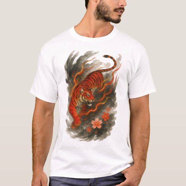 Camiseta 【Flame Tiger Japanese Ink Art Men’s T-Shirt】 (Frente)