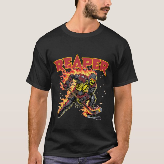 Camiseta Flaming Reaper Skeleton Hockey Player Dark Sports  (Frente)