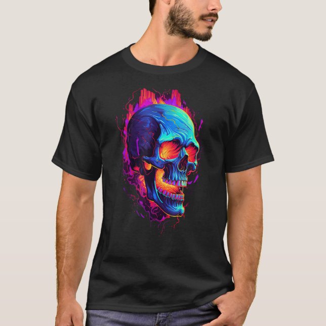 Camiseta Flaming Skull Cool Red Orange & Blue Skeleton Skul (Frente)