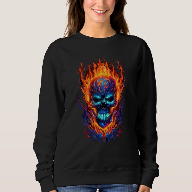 Camiseta Flaming Skull Red Orange & Blue Cool Skeleton Skul (Frente)