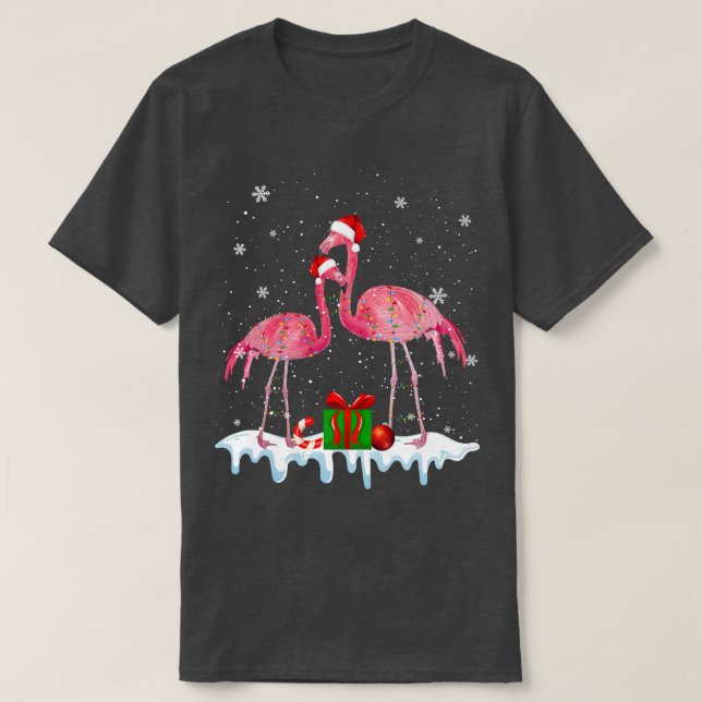 Camiseta Flamingo Árvore de Natal Santa Hat Feliz leve (Frente do Design)
