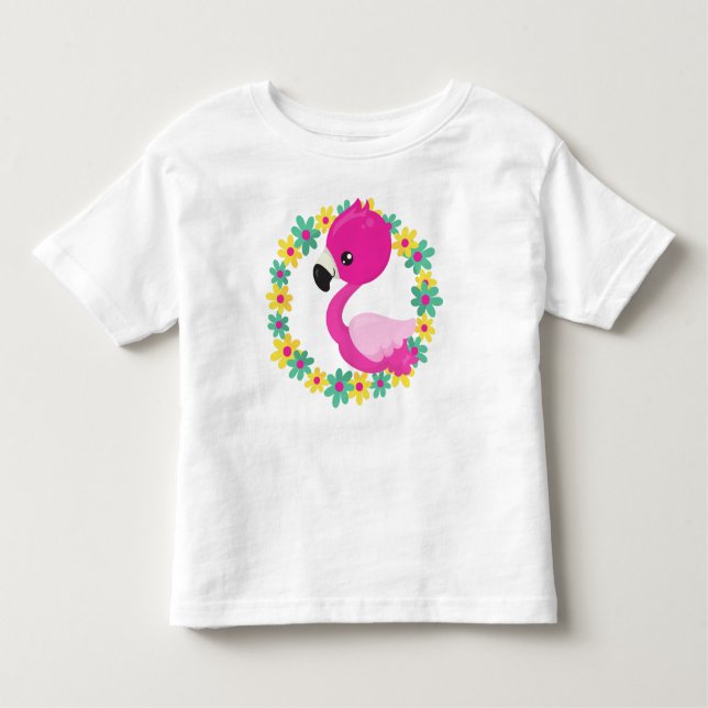 Camiseta Flamingo, Baby Flamingo, Bird, Flores (Frente)