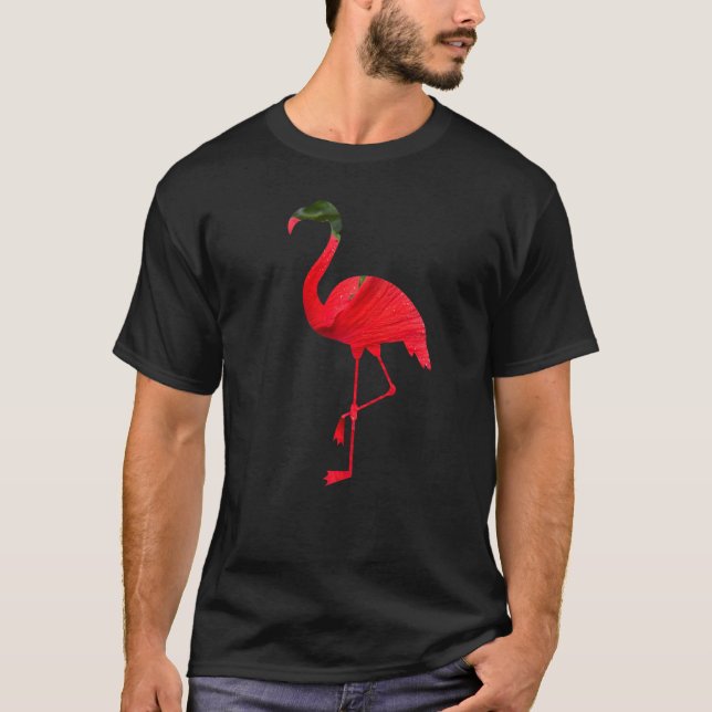 Camiseta Flamingo Bird Silhouette with Red Hibiscus Flower  (Frente)