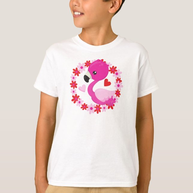 Camiseta Flamingo Bonito, Flamingo Rosa, Pássaro, Flores, C (Frente)