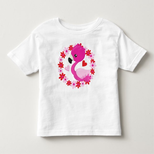Camiseta Flamingo Bonito, Flamingo Rosa, Pássaro, Flores, C (Frente)