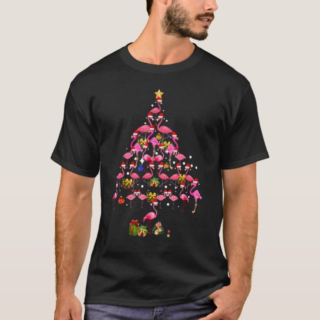 Camiseta Flamingo Christmas Tree Santa Hat Xmas Light Merry (Frente)