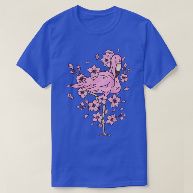 Camiseta Flamingo com flamingo rosa e flor de cereja e (Frente do Design)