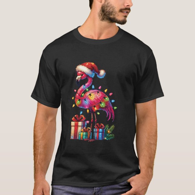 Camiseta Flamingo com Papai Noel Natal Tropical Natal Tr (Frente)