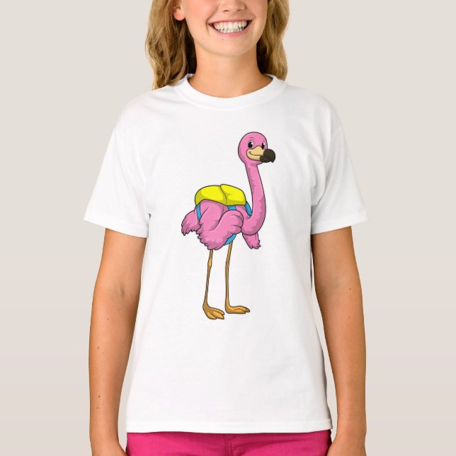 Camiseta Flamingo como Alunos com saco escolar (Frente)