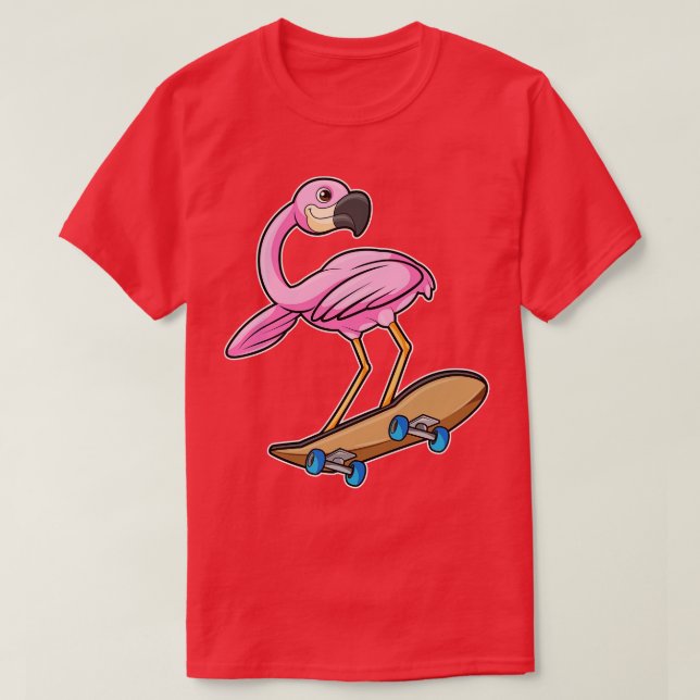 Camiseta Flamingo como Skater com skate (Frente do Design)