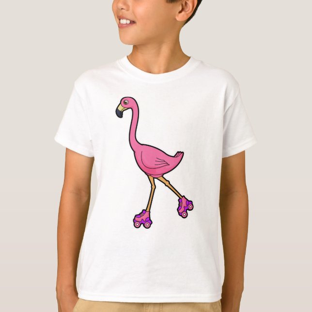 Camiseta Flamingo como Skater com skates Roller (Frente)