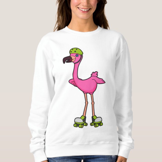 Camiseta Flamingo como Skater com skates Roller e Capacetes (Frente)