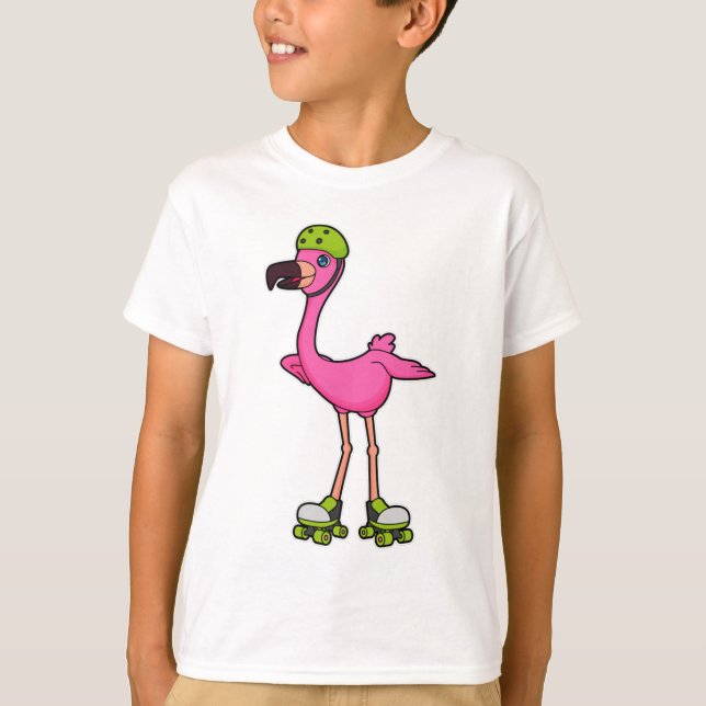 Camiseta Flamingo como Skater com skates Roller e Capacetes (Frente)
