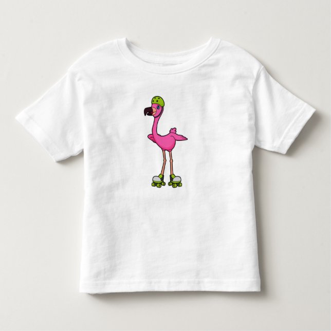 Camiseta Flamingo como Skater com skates Roller e Capacetes (Frente)