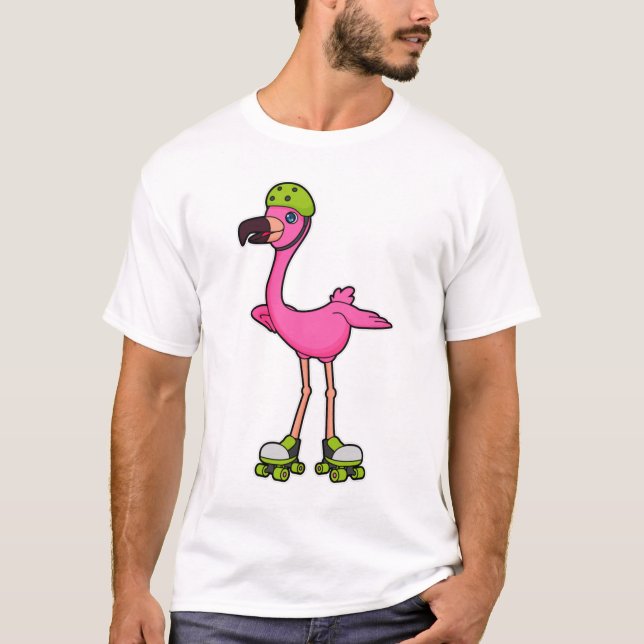 Camiseta Flamingo como Skater com skates Roller e Capacetes (Frente)