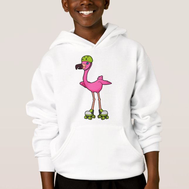 Camiseta Flamingo como Skater com skates Roller e Capacetes (Frente)