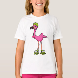 Camiseta Flamingo como Skater com skates Roller e Capacetes
