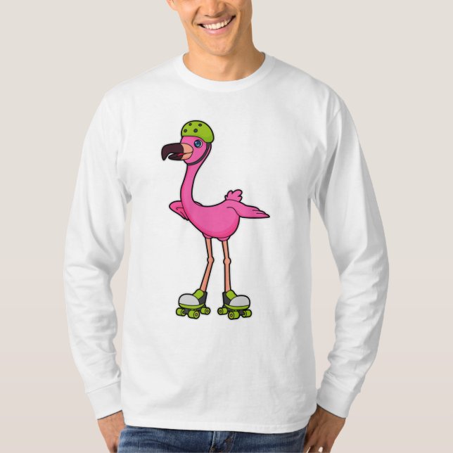 Camiseta Flamingo como Skater com skates Roller e Capacetes (Frente)