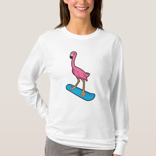 Camiseta Flamingo como Snowboarder com Snowbaord (Frente)