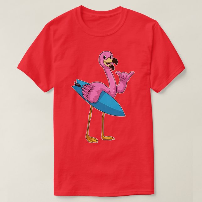 Camiseta Flamingo como surfista com surfboard (Frente do Design)