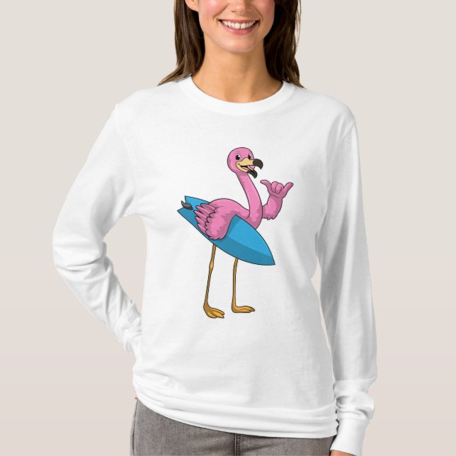 Camiseta Flamingo como surfista com surfboard (Frente)