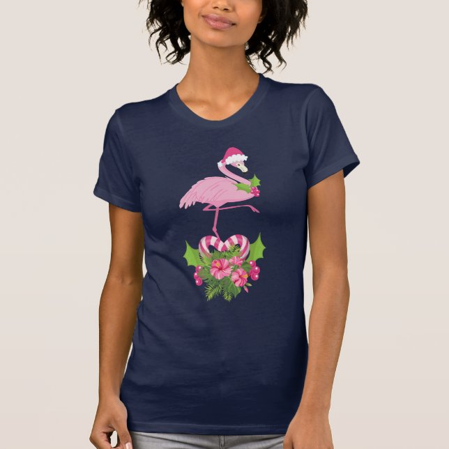Camiseta Flamingo cor-de-rosa no Natal Whimsso de Santa Hat (Frente)