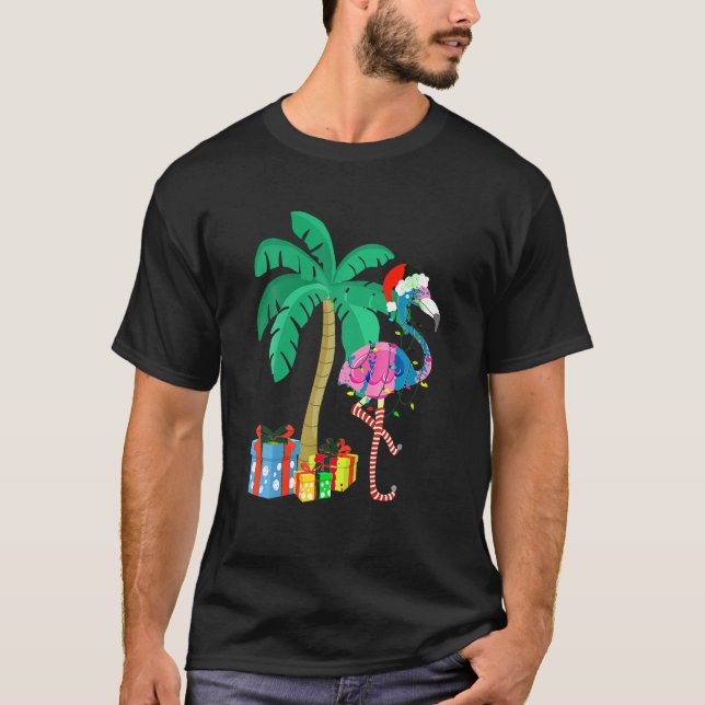 Camiseta Flamingo cor-de-rosa Palm Tree Tropical Xmas Fu (Frente)
