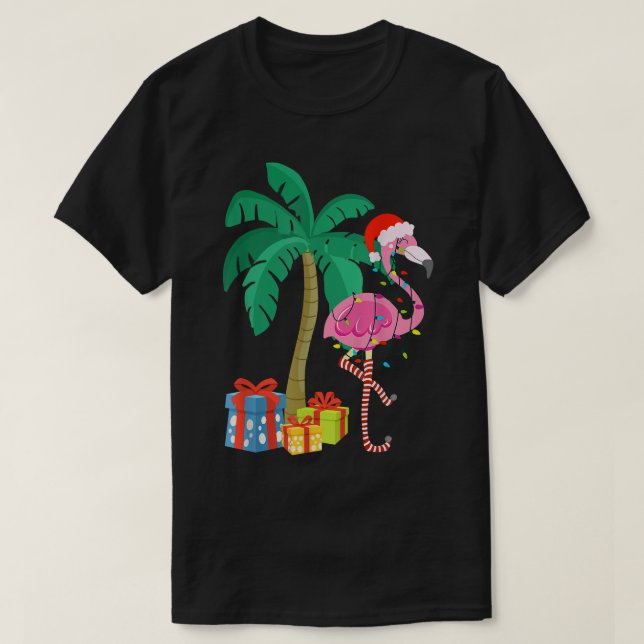 Camiseta Flamingo cor-de-rosa Palm Tree Tropical Xmas Fu (Frente do Design)