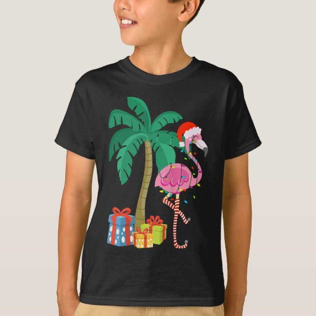 Camiseta Flamingo cor-de-rosa Palm Tree Tropical Xmas Fu (Frente)