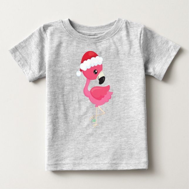 Camiseta Flamingo de Natal, Flamingo Rosa, Santa Hat, Pássa (Frente)