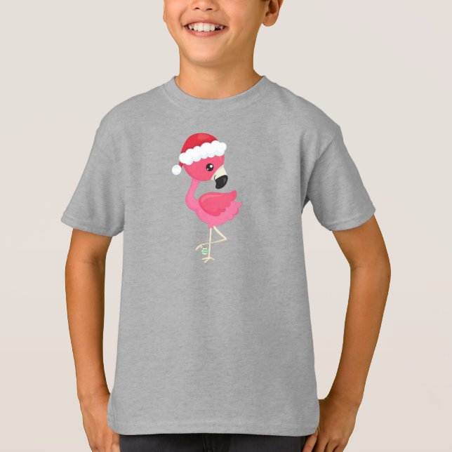 Camiseta Flamingo de Natal, Flamingo Rosa, Santa Hat, Pássa (Frente)