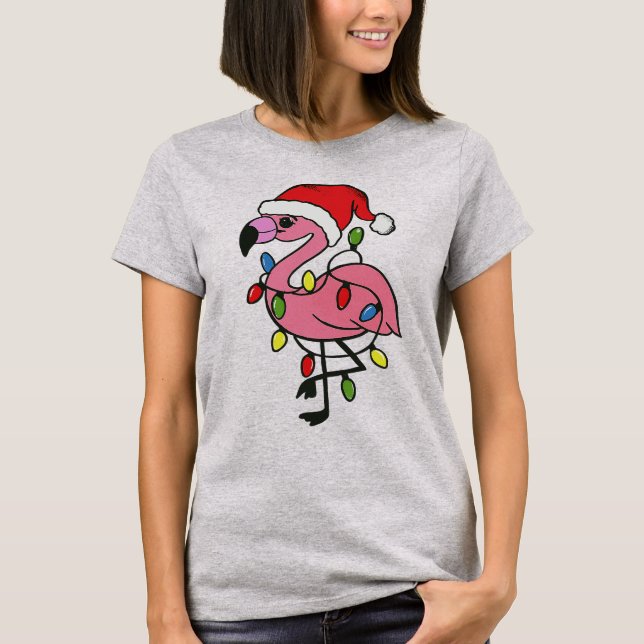 Camiseta Flamingo de Natal Luzes de Natal Presente Divertid (Frente)