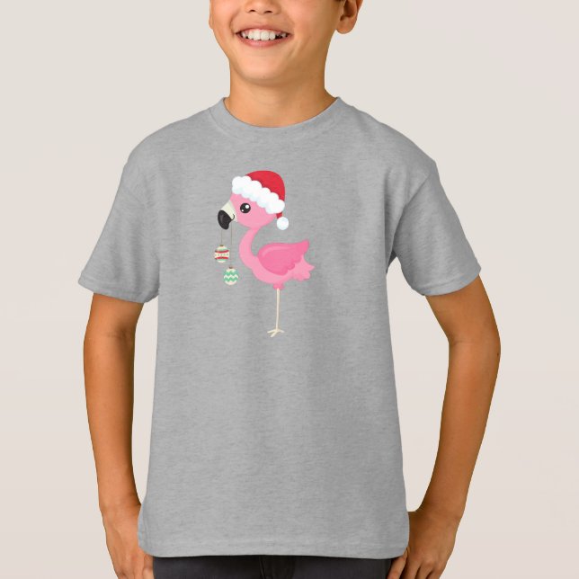 Camiseta Flamingo de Natal, Santa Hat, Enfeites de natal (Frente)