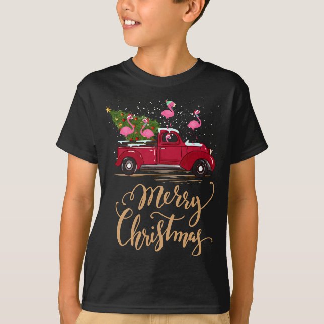 Camiseta Flamingo Dirigindo Árvore de Natal Caminhão Vermel (Frente)