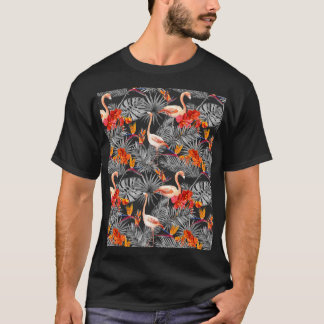 Camiseta Flamingo e flores, padrão monocromático.